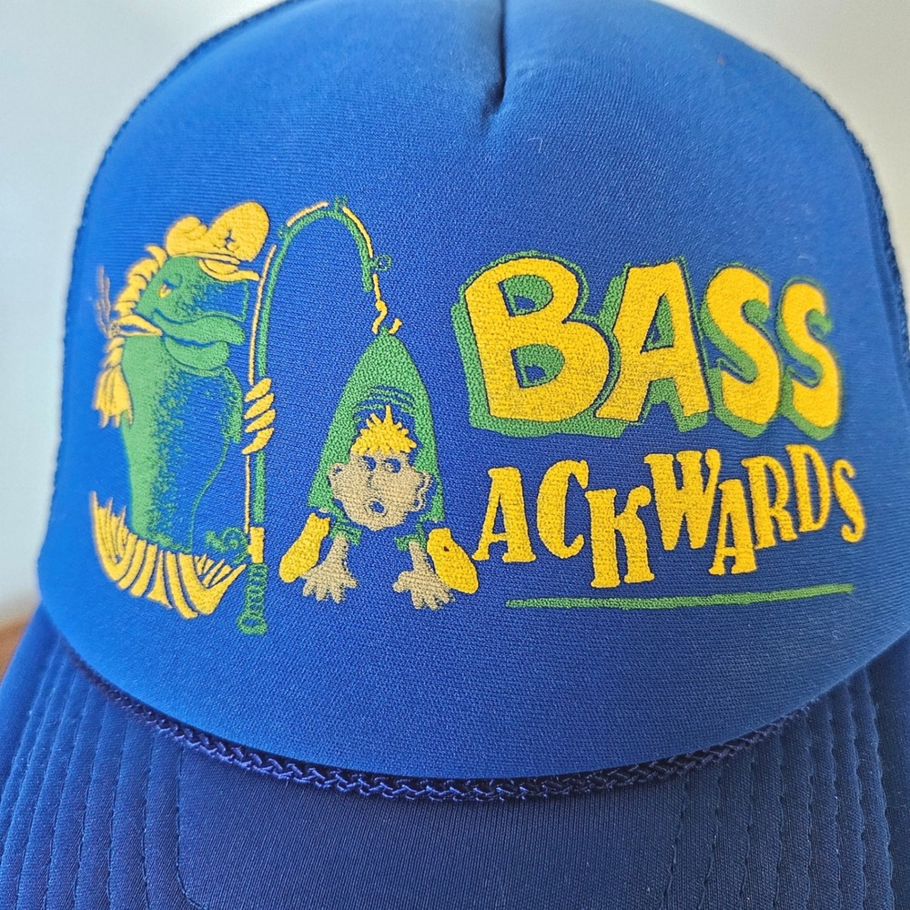 Vintage Bass Ackwards Trucker Hat Blue Mesh Snapback Fishing Humor Novelty Cap